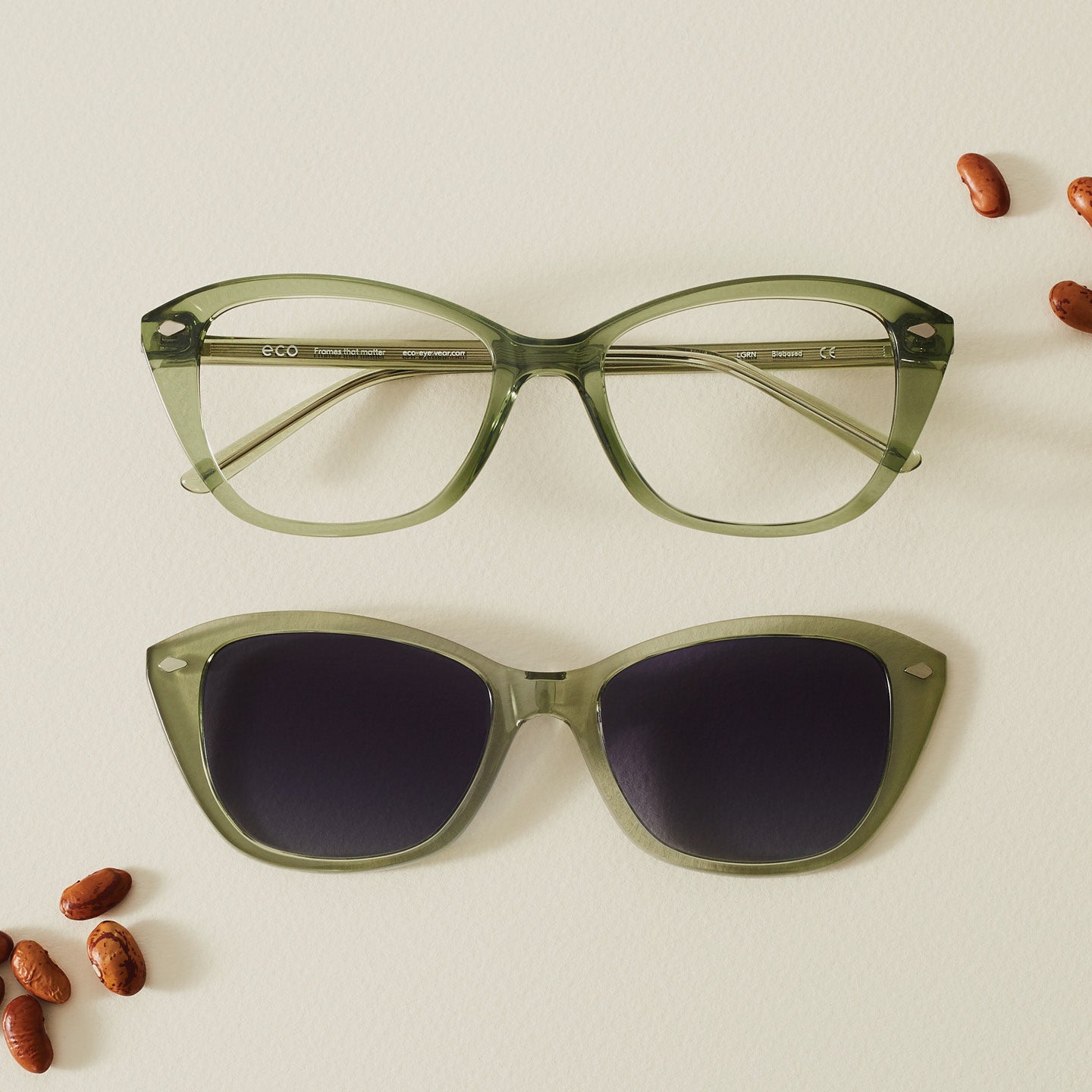 Flat lay of Eco Eyewear green frames and clip-on.
